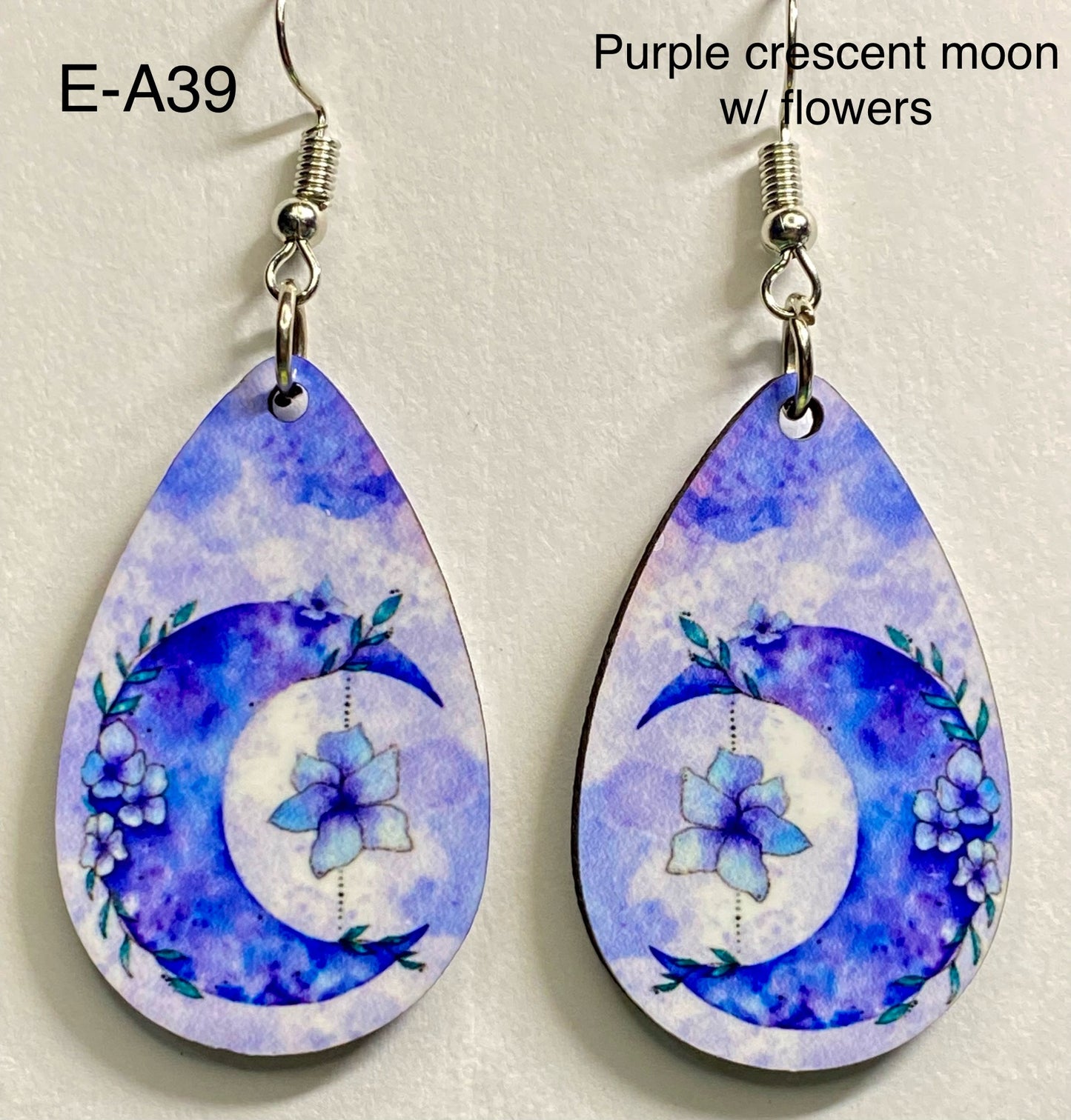 Wooden Earrings: Purple Crescent Moon with flowers