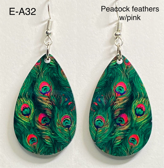 Wooden Earrings: Peacock feathers w/pink