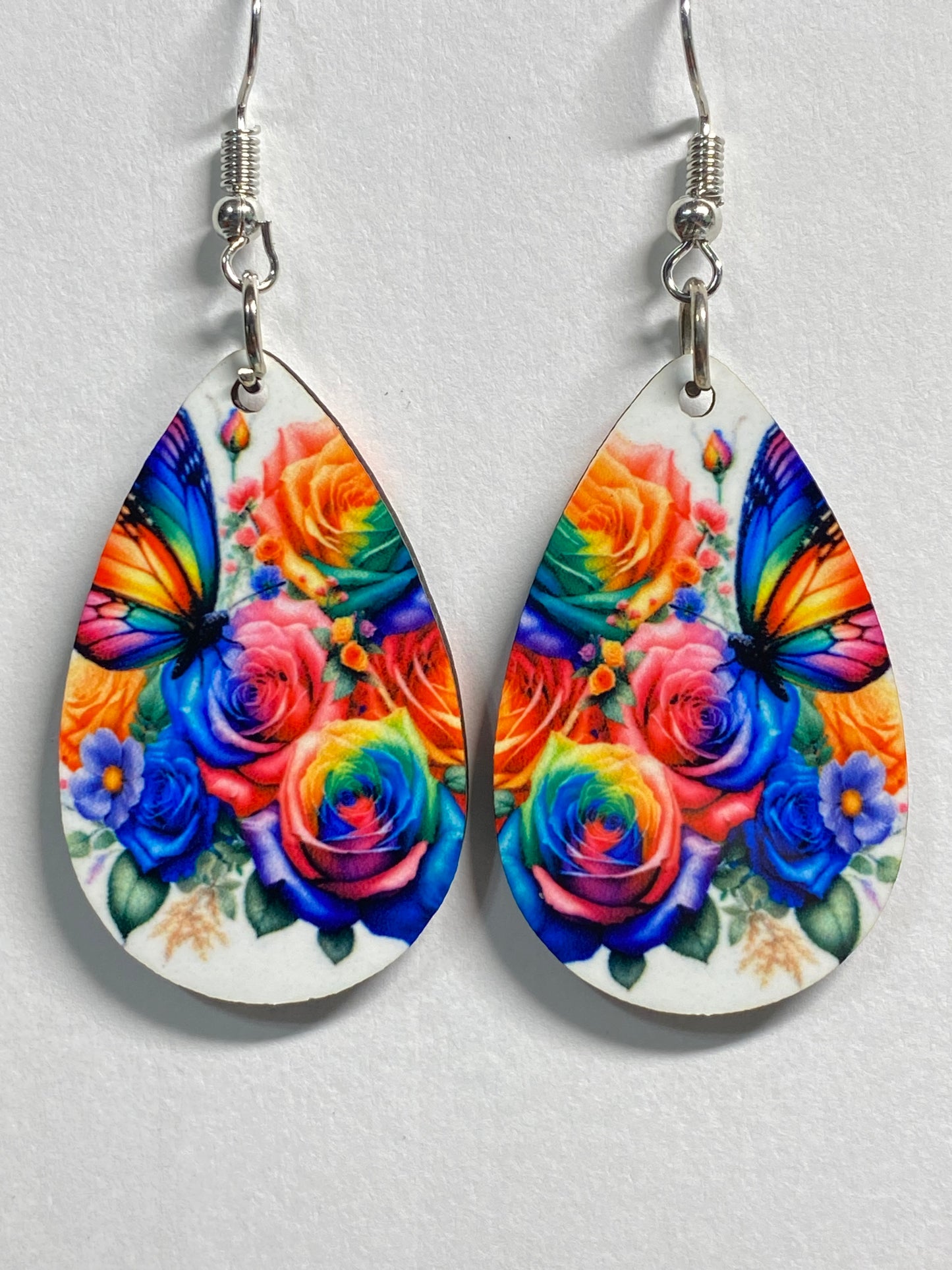 Wooden Earrings: Butterflies and Flowers: Rainbow