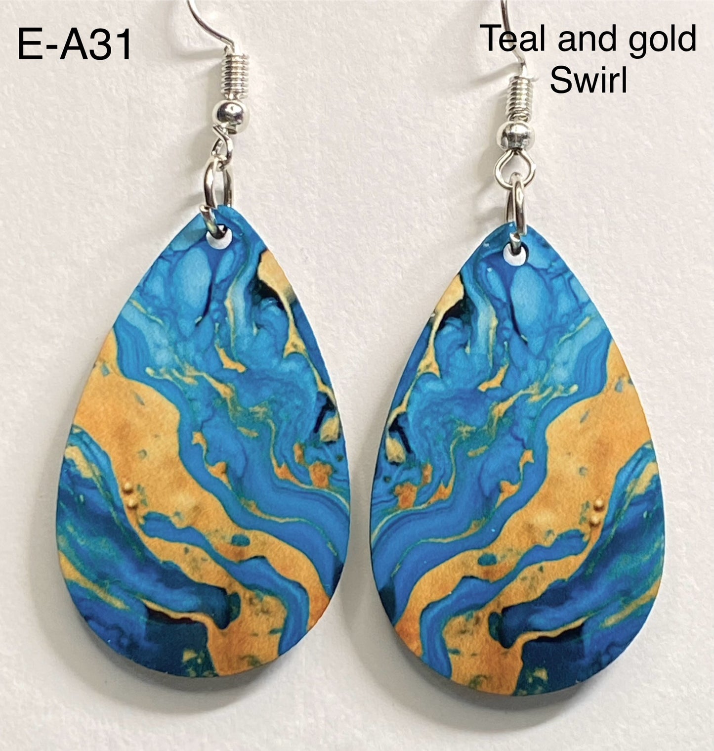 Wooden Earrings: Teal and Gold swirl