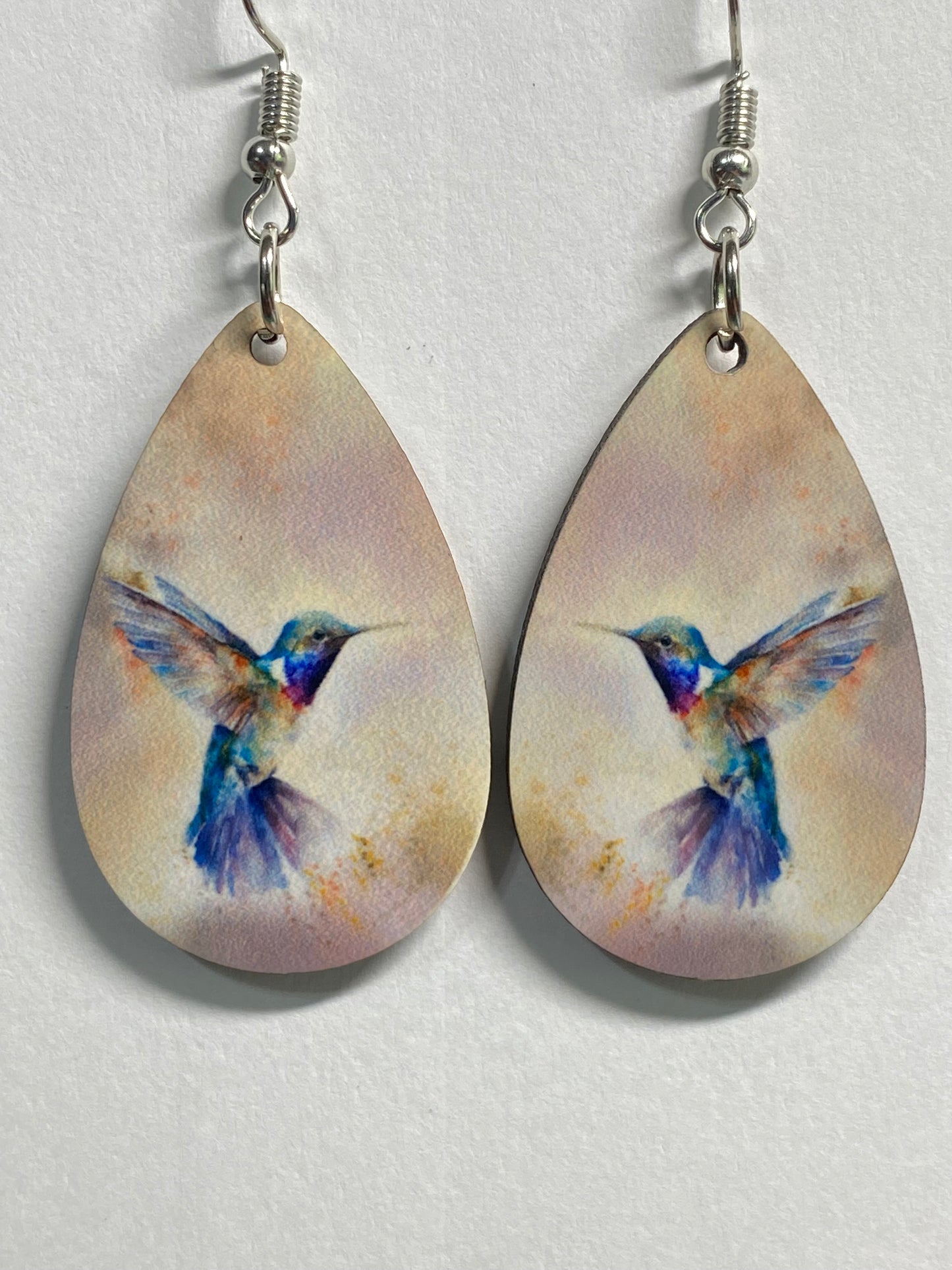 Wooden Earrings: Watercolor Hummingbirds