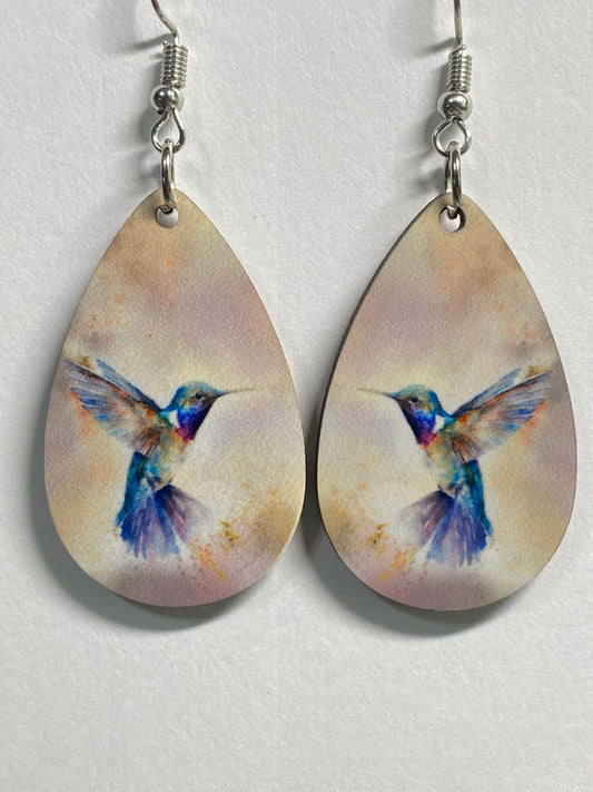 Wooden Earrings: Watercolor Hummingbirds