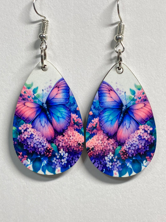 Wooden Earrings: Butterflies and Flowers: blue and purple