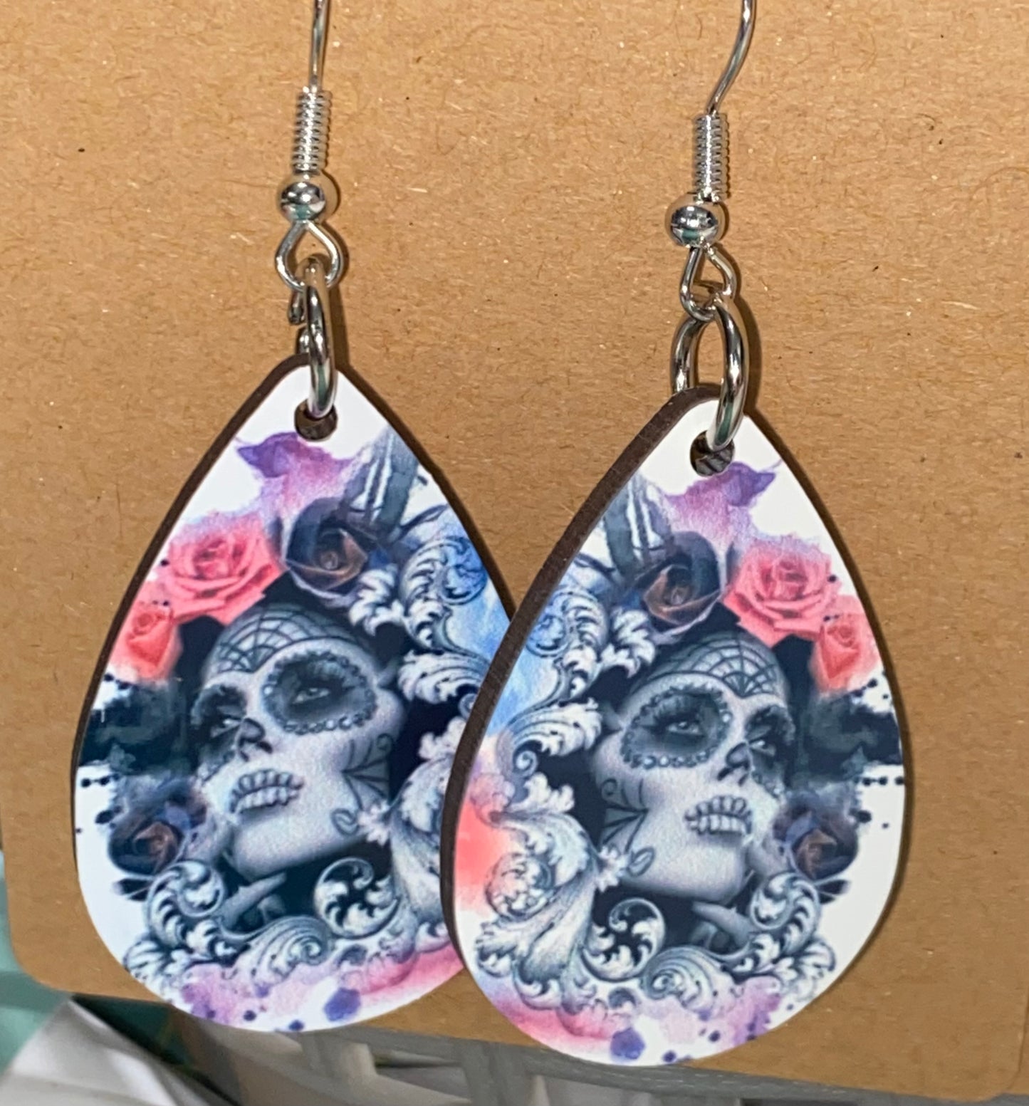 Wooden Earrings; Day of the Dead, Sugar Skull