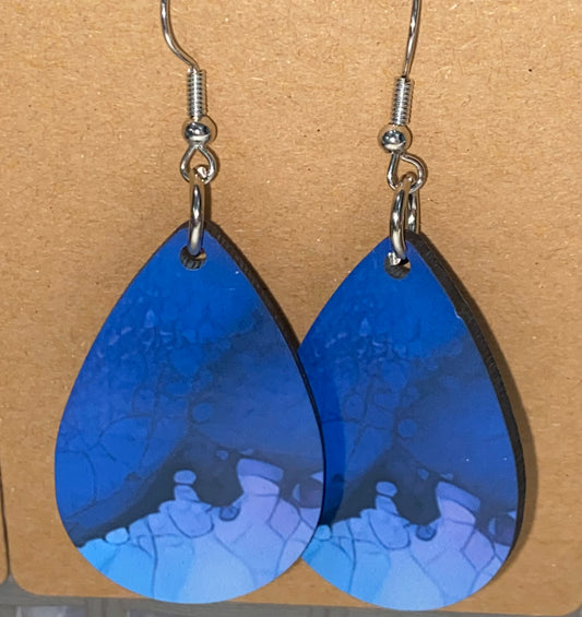 Wooden Blue Alcohol Ink Earrings