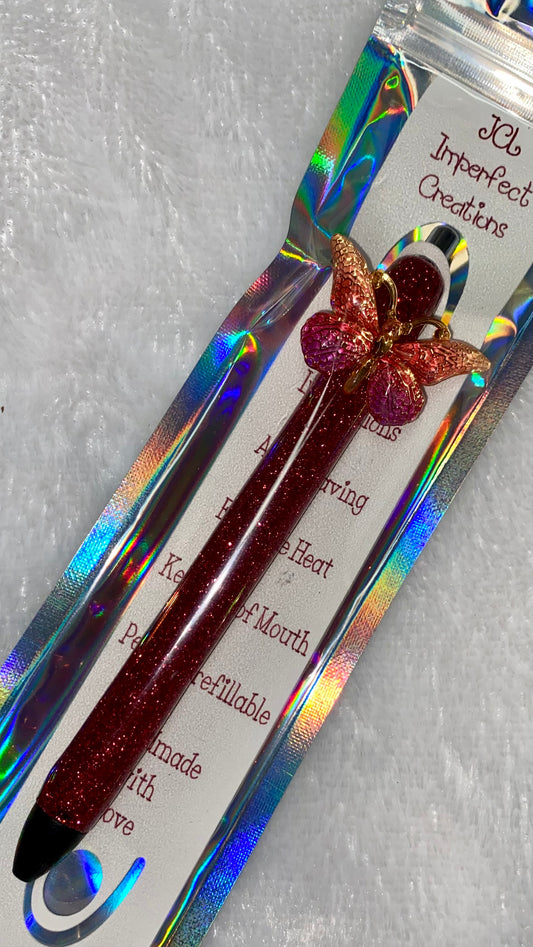 Gel Pen: Burgundy Glitter Pen with Butterfly Charm