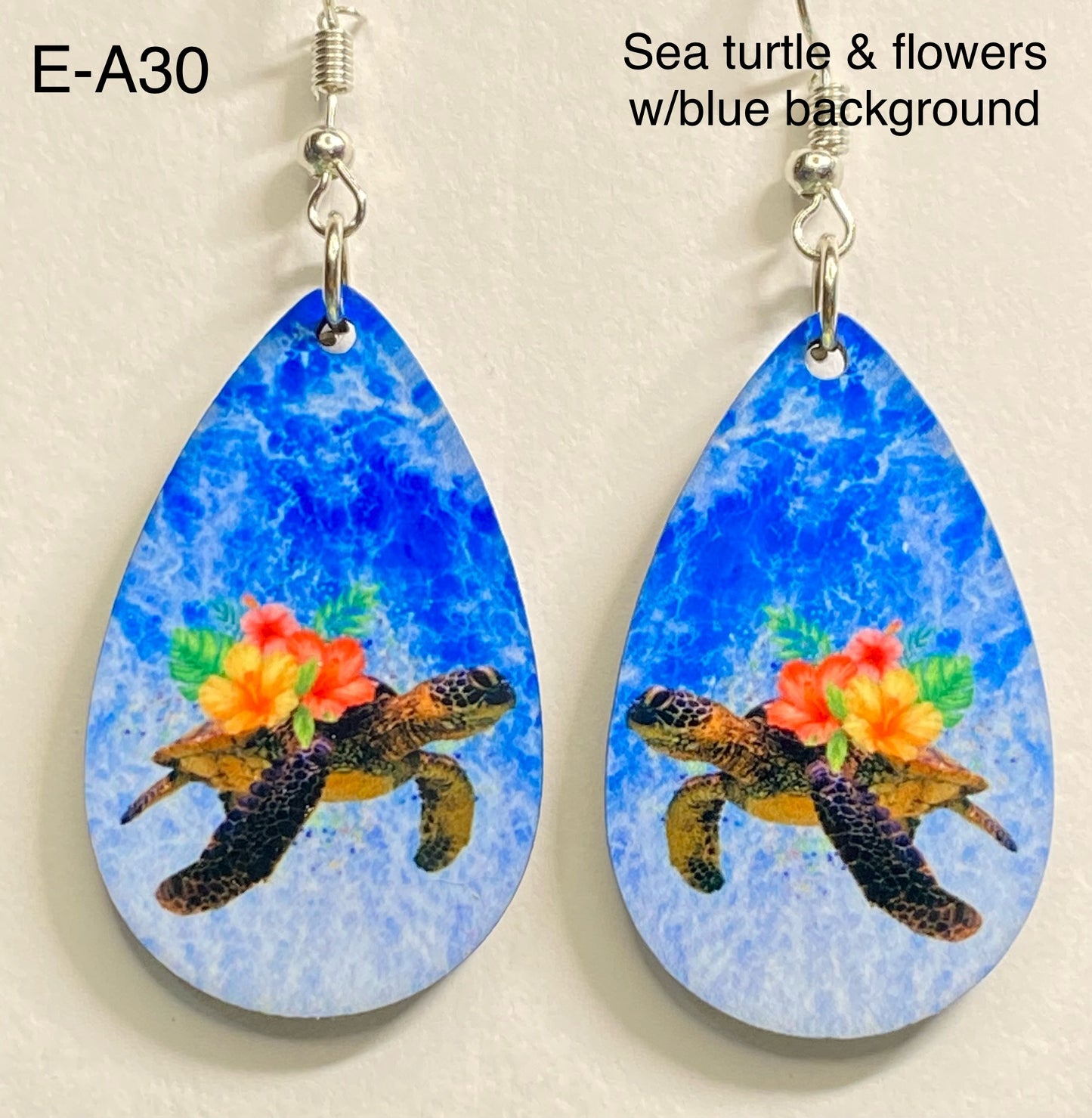 Wooden Earrings: Sea turtle w/flowers on blue background