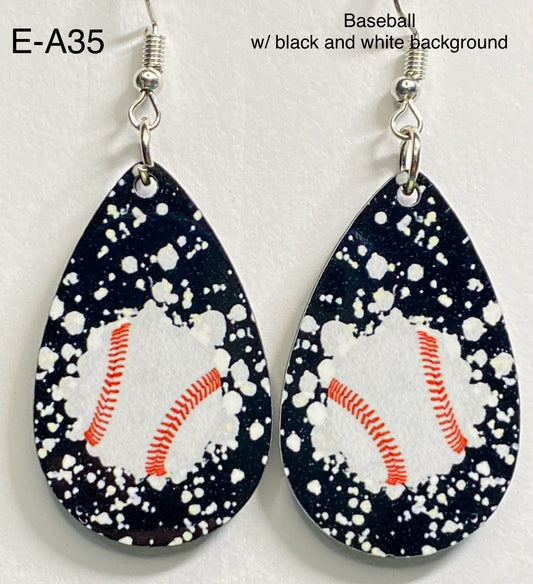 Wooden Earrings: Baseball with black and white background.