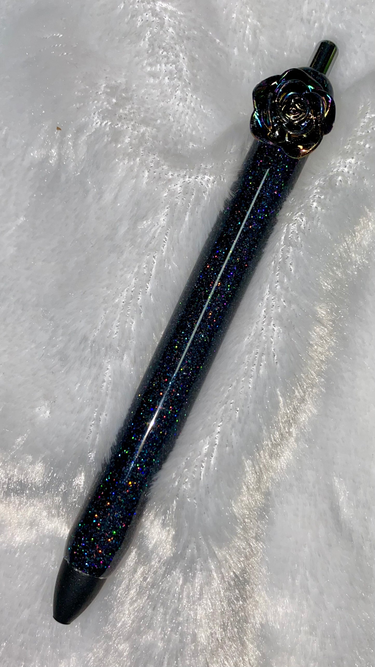 Gel Pen: Black Holographic Glitter with Rose charm Pen